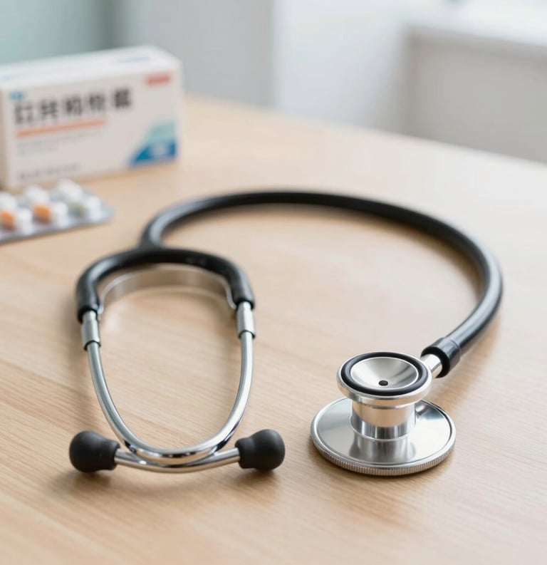 A high-quality lifestyle photograph of a professional stethoscope and a box of medicine on a clean wooden table in a bright clinic, soft focus background.