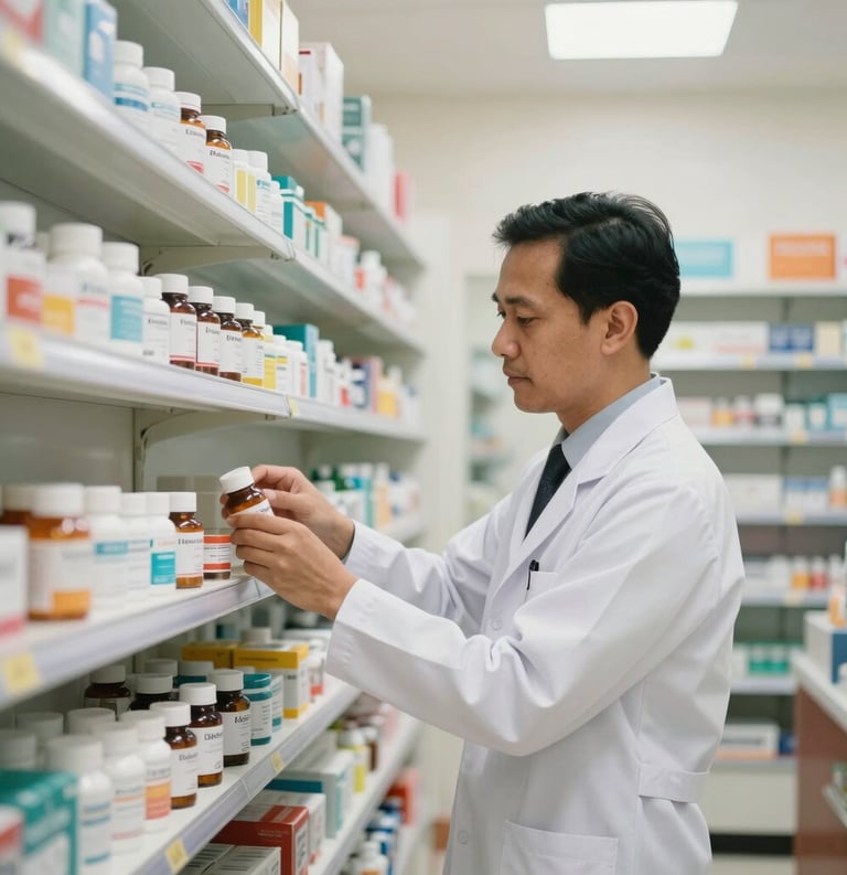 Interior of a modern and clean Indonesian pharmacy. A professional Southeast Asian pharmacist in a white lab coat is organizing medicine bottles on neatly arranged white shelves. Bright, soft lighting with a warm and trustworthy atmosphere.
