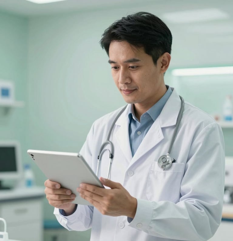 A professional Southeast Asian healthcare provider in a modern clinic setting, using a digital tablet to explain health information. The background is a clean, bright medical facility with soft green accents.