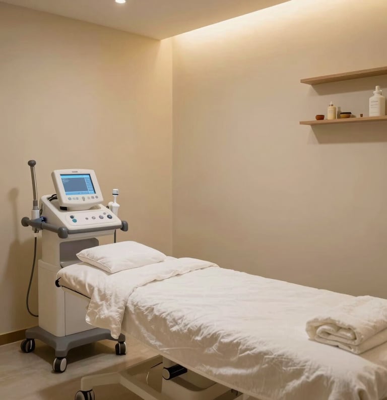 A tranquil and clean treatment room in an Indonesian wellness clinic. Soft warm lighting and professional medical equipment for acupuncture therapy. The environment feels serene, trustworthy, and modern.