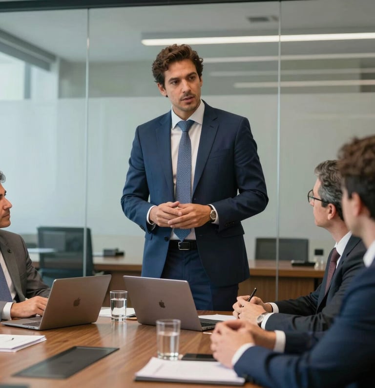 A professional South American consultant in a navy blue suit leading a strategic meeting in a glass-walled boardroom in São Paulo, Brazil.