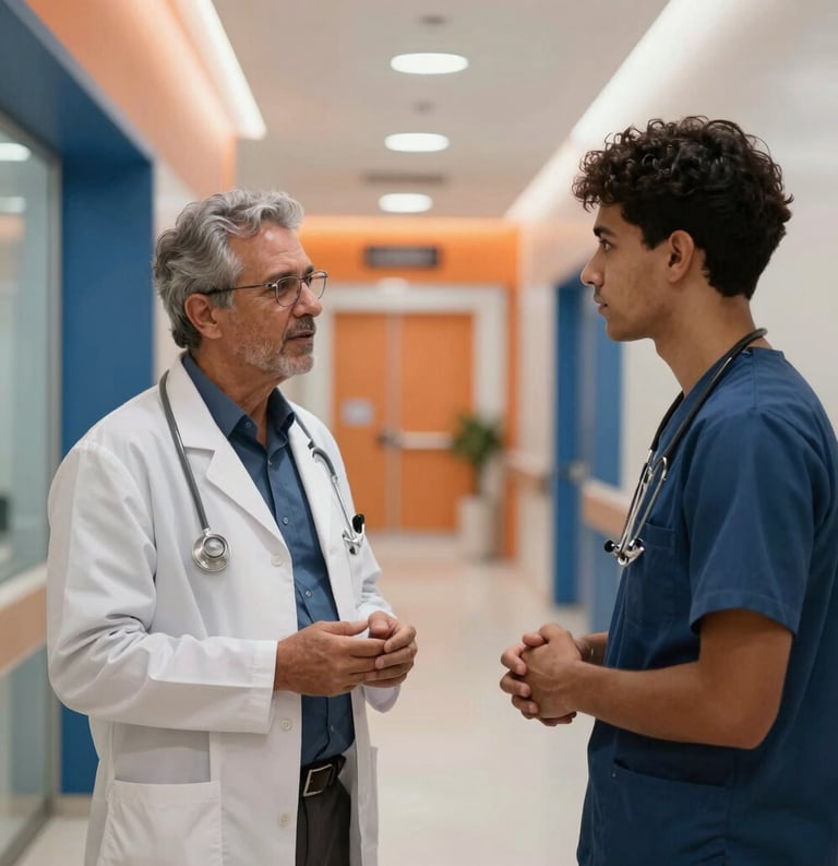 A South American medical director mentor talking to a young healthcare manager in a sophisticated hospital corridor. Contemporary Brazilian architecture, soft orange and navy blue lighting accents.