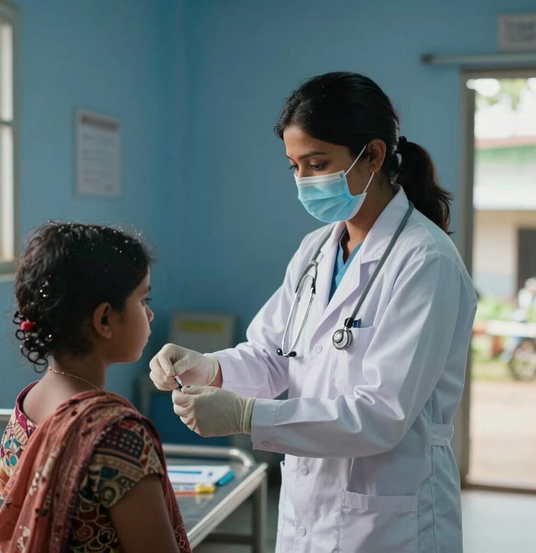 Professional documentary photography of a healthcare worker in a white lab coat providing care to a family at a clean medical clinic in a South Asian rural setting. Soft natural lighting, deep ocean blue and mist white accents.