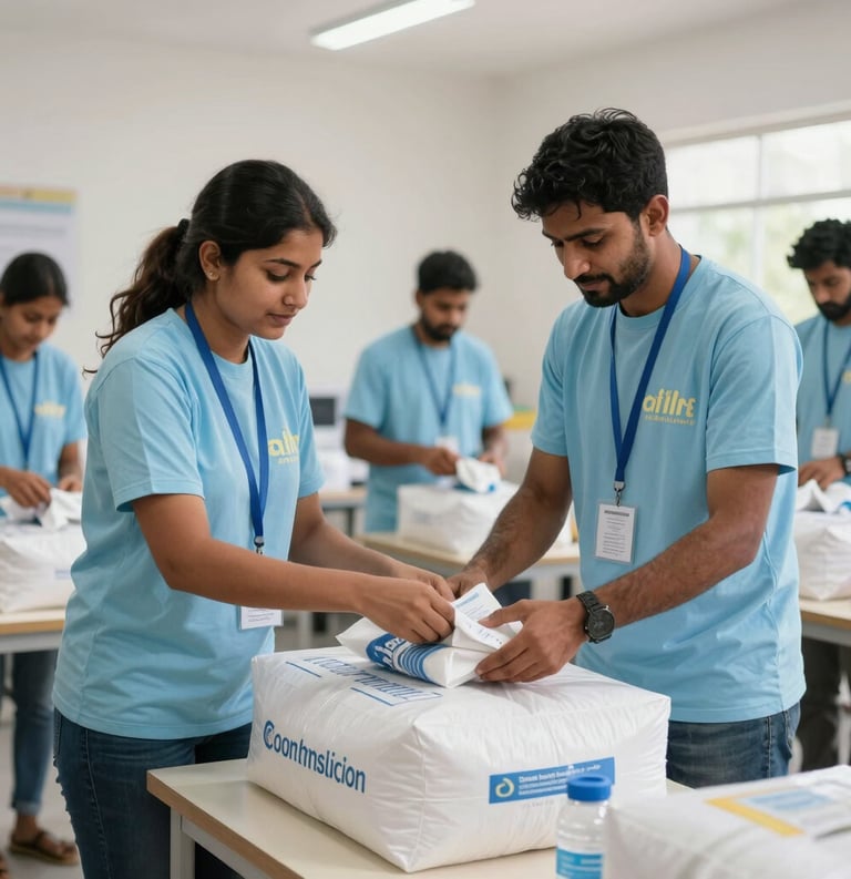 Clean, professional photograph of humanitarian volunteers in South Asia organizing essential relief supplies and food packages in a dedicated community center. Daylight, colors including sky blue and mist white.