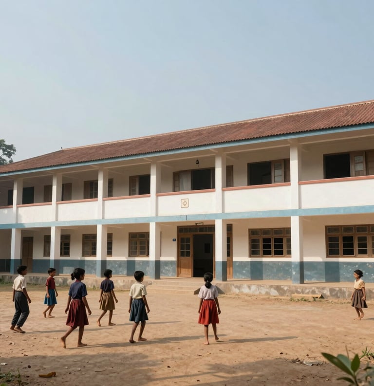 A bright photography of a South Asian rural school building with children playing in the foreground, clean architecture, inspiring atmosphere.