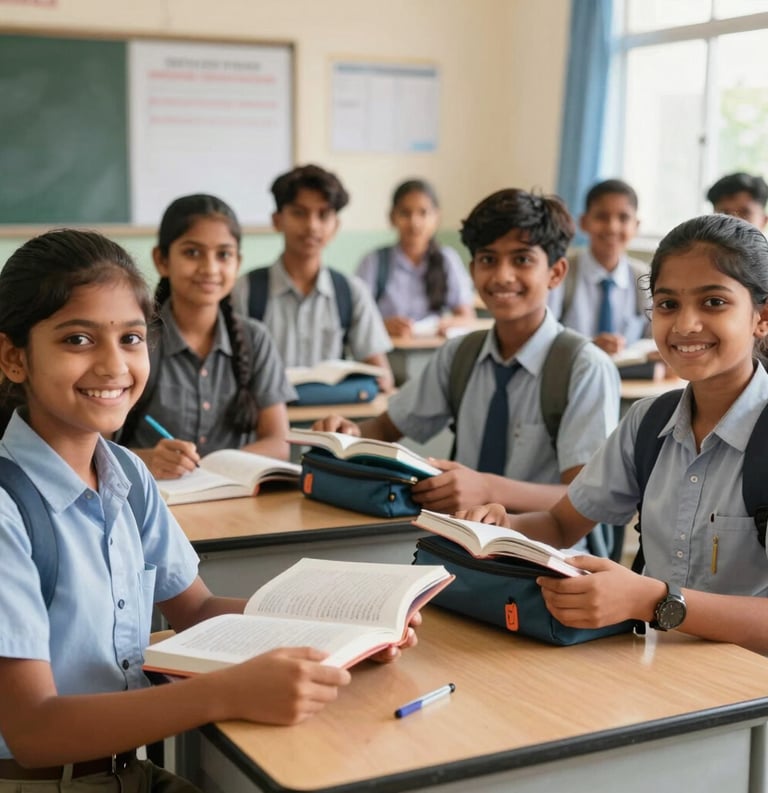 A group of South Asian students smiling as they receive new textbooks and stationary kits in a well-lit, clean classroom. The image exudes a sense of hope, trustworthiness, and academic focus.