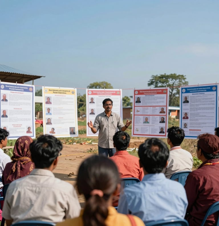 A vibrant and inspiring scene of a community health workshop in a South Asian village. A dedicated facilitator stands before an engaged group, using clear instructional posters. Bright daylight, sky blue and steel blue environment.