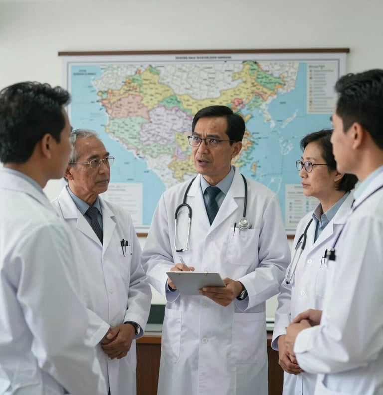 A group of doctors in West Kalimantan wearing professional white coats, engaged in a collaborative discussion in a modern office with maps of the region.