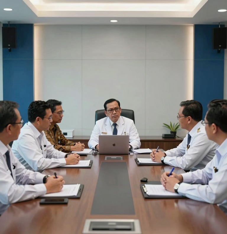 A formal meeting in a professional boardroom in West Kalimantan, Indonesian doctors in formal attire discussing with government officials, focused and serious atmosphere, modern office setting with steel blue and light gray accents.