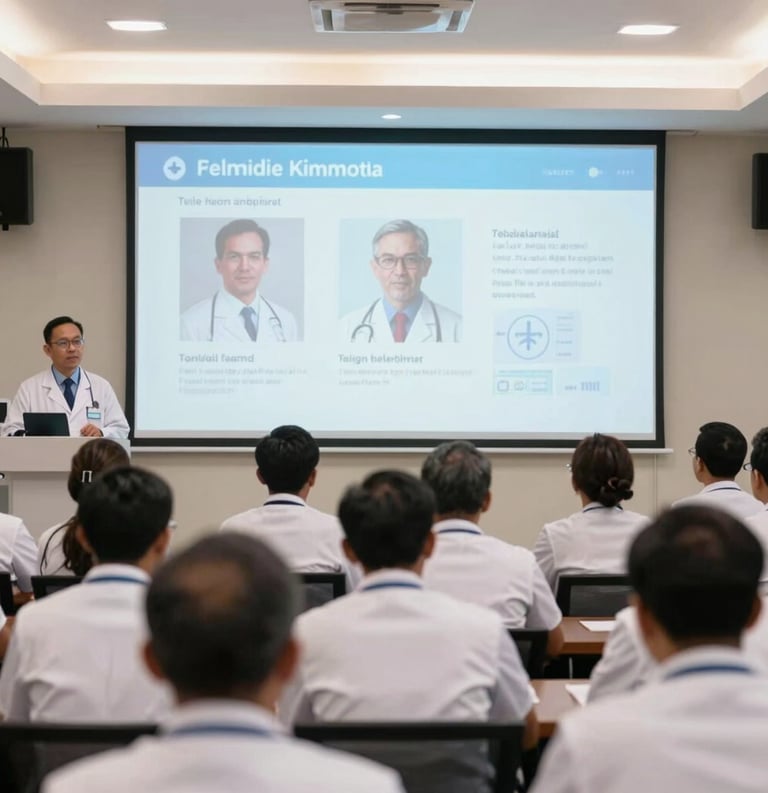 A group of medical professionals in West Kalimantan, Indonesia, attending a high-tech medical seminar, watching a demonstration on a large screen about telemedicine and digital healthcare, bright professional lighting.