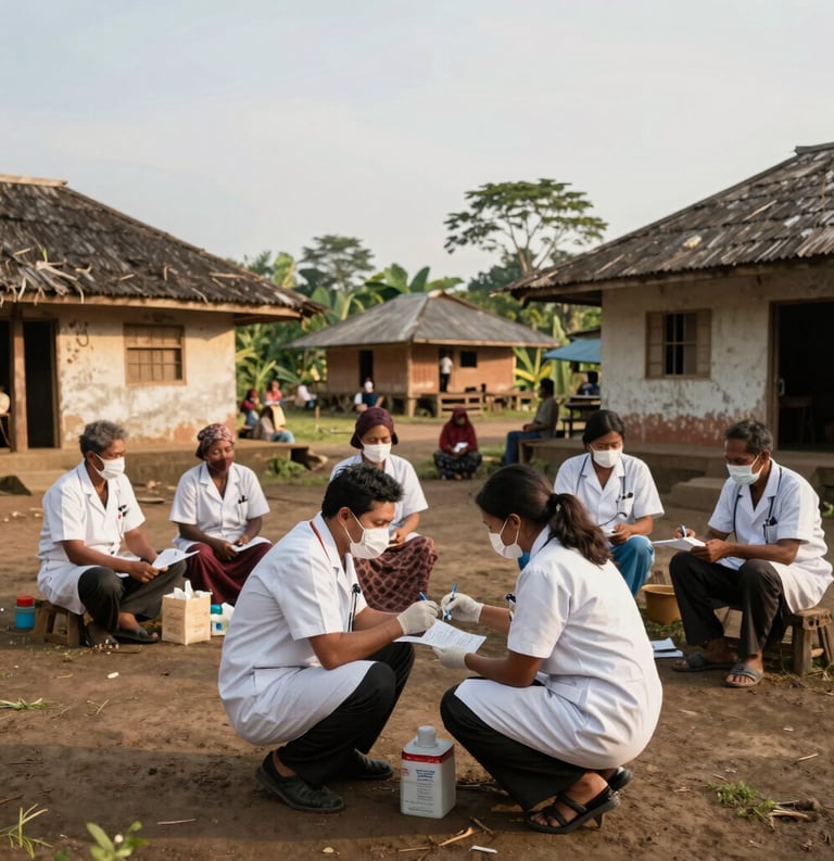 Wide angle photography of an Indonesian medical team providing free health checks in a rural West Kalimantan village, community setting with local architecture, warm daylight, humanitarian and compassionate atmosphere.