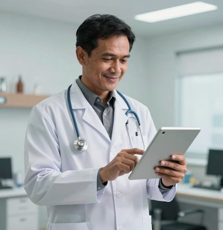 Professional photography of an Indonesian doctor in a white coat standing in a modern, clean medical office in West Kalimantan, looking at a digital tablet with a confident smile, soft natural lighting.
