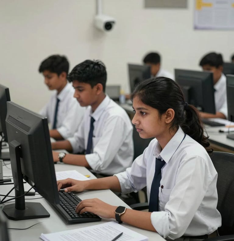 South Asian students in a high-tech school computer lab in Gajraula, wearing clean white uniforms, focusing on monitors, with a visible CCTV security camera in the background.