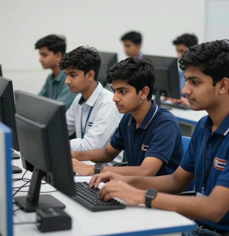 A photography shot of South Asian students in a high-tech computer lab with white furniture and royal blue accents, looking focused.