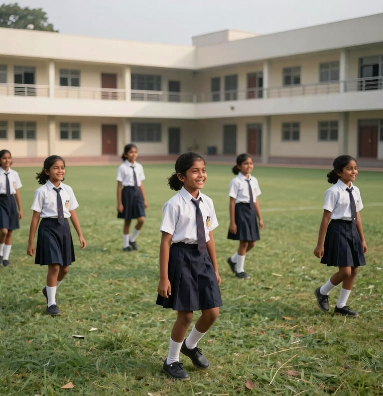 A group of happy South Asian children in school uniforms participating in an outdoor activity-based session on a green field at a modern school campus in India.