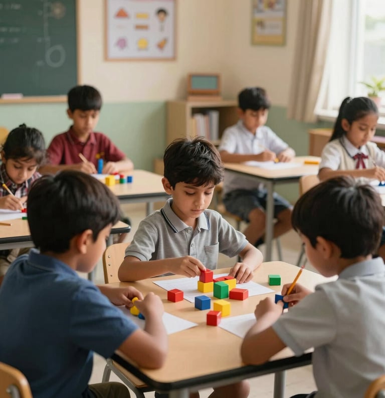 Clean and modern classroom at Aman Public School where young South Asian children are engaged in activity-based learning with colorful educational blocks, soft morning light.