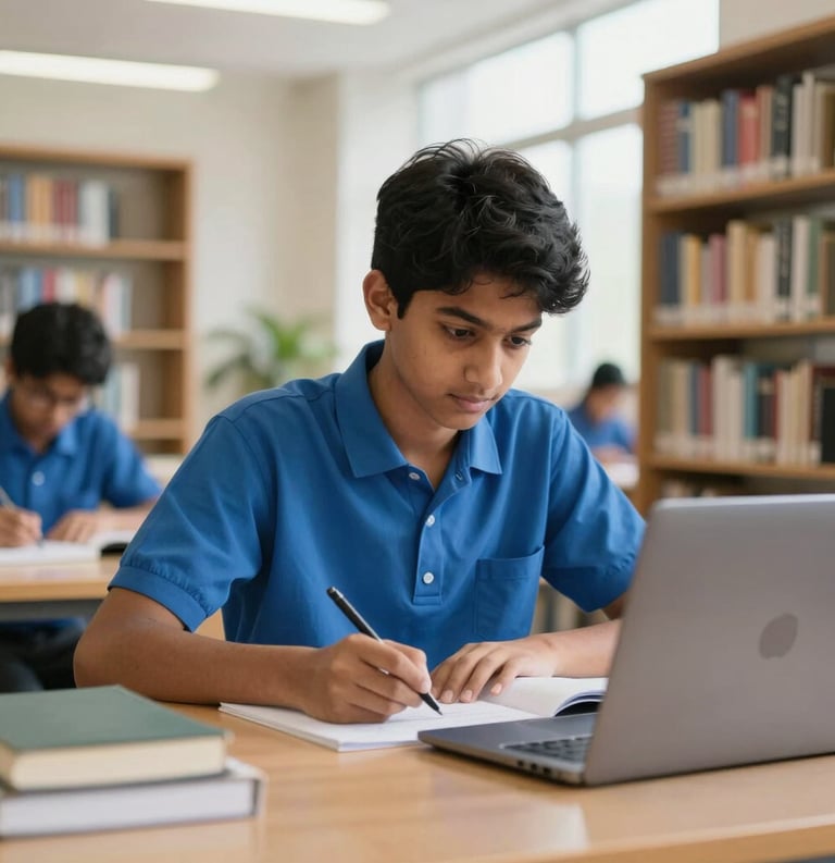 A professional photograph of a South Asian teenager in a Royal Blue school uniform studying intensely for entrance exams in a modern school library with books and a laptop, bright natural lighting.