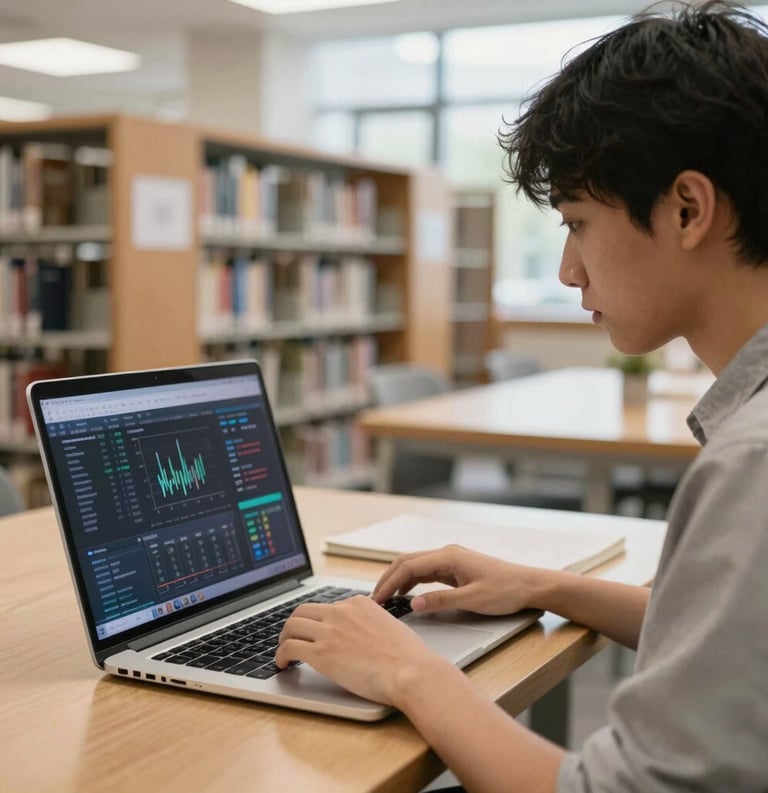 A focused student in a modern North American library using a high-end laptop with data visualizations on screen, bright natural lighting, professional academic setting.