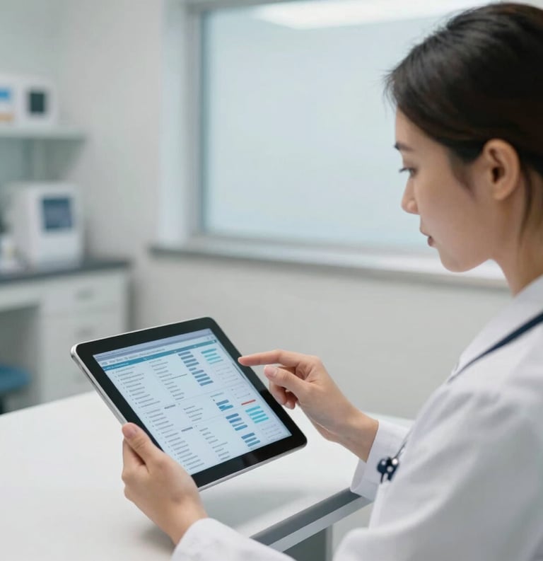 A North American healthcare professional in a clean, modern clinic setting reviewing digital health data on a tablet, soft daylight, professional and trustworthy atmosphere.