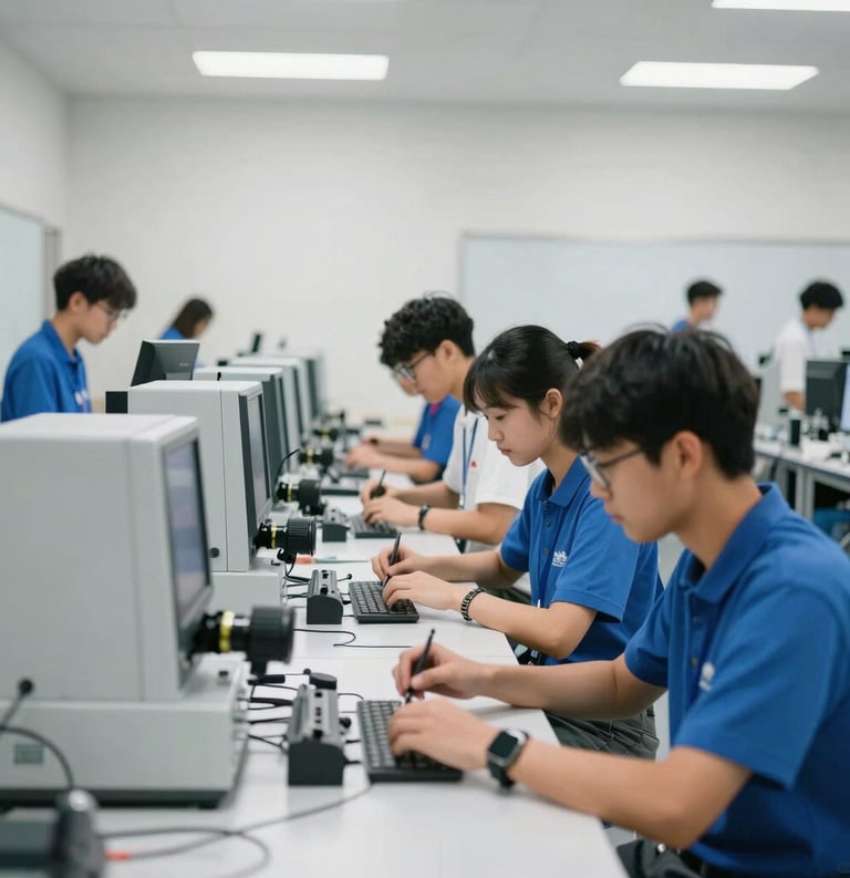 A professional, brightly lit scene in a US-based vocational training center. Students are working with advanced technical equipment in a clean, modern facility. The composition focuses on collaboration and forward-thinking energy, with a palette of white, light grey, and blue.