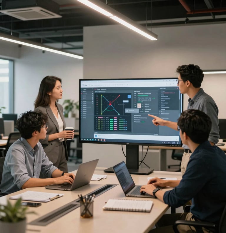 A professional North American startup workspace with entrepreneurs collaborating around a digital display, modern office design, innovative and energetic lighting.