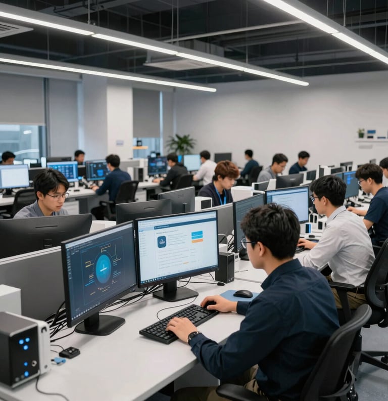 A wide shot of a North American technology innovation lab, sleek design with workstations, focused professionals working on social solution software, blue and grey accents.
