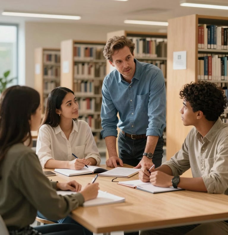 Professional photography of a diverse student studying with a mentor in a modern North American library, warm golden light, inspiring atmosphere, palette of slate blue and cream.