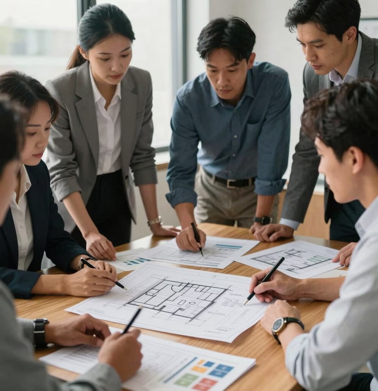 A professional, candid photograph of a diverse group of people in a North American business setting, looking over architectural plans and social impact documents on a wooden table. Soft natural light.