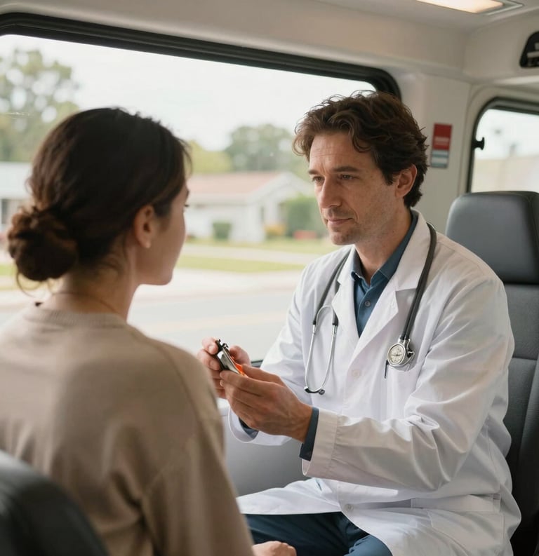 Compassionate photography of a medical professional checking on a patient in a mobile clinic in a North American suburban setting, professional and clean aesthetic, palette of cream and tan.