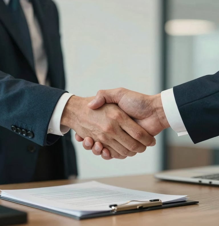 A sophisticated close-up of professional hands shaking over a document in a North American corporate office, signifying integrity and partnership, palette of dark teal and cream.