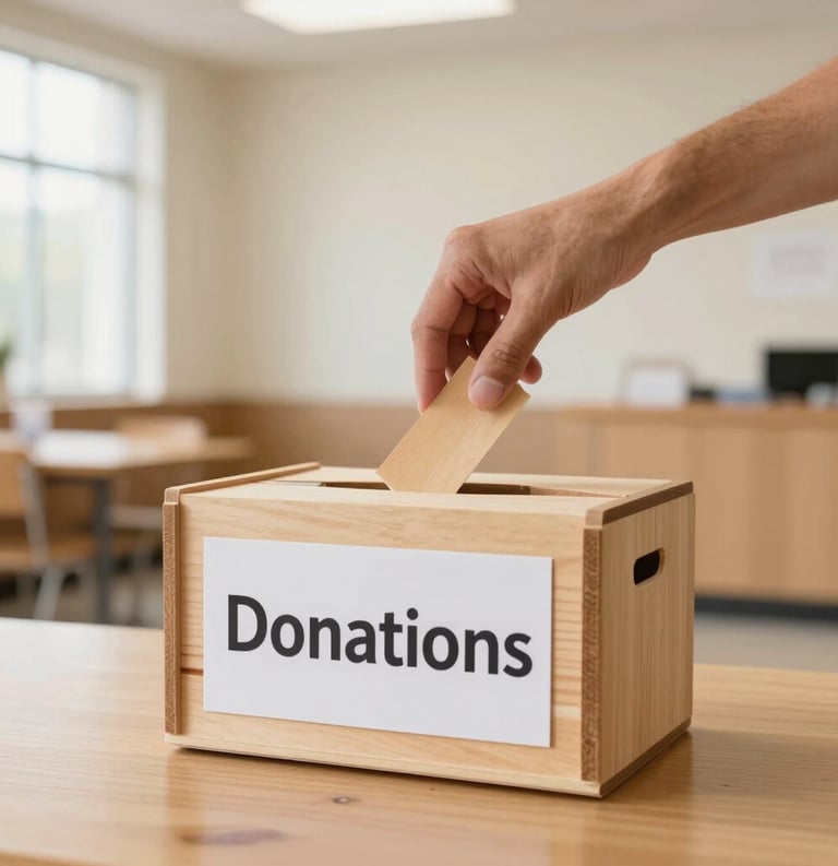 Photography of hands placing a donation into a solid wooden box in a light-filled North American community center, clean composition, soft natural lighting, palette of tan and cream.