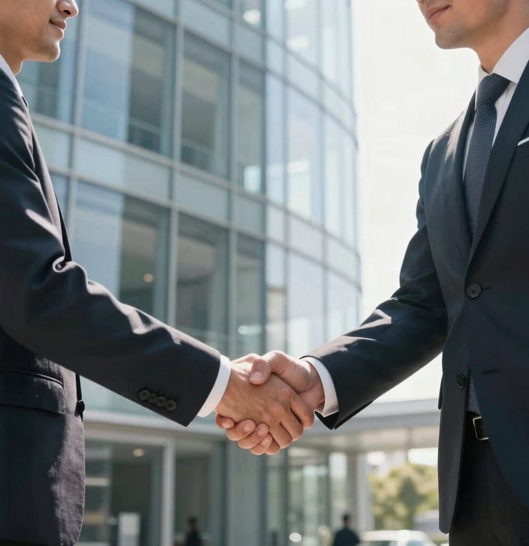 Two professionals in elegant business attire shaking hands in a modern glass office, sunlight, conveying trust and reliability, Italian / European business context.