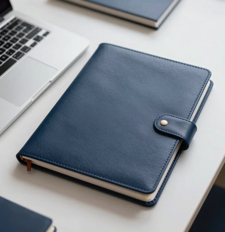 Professional desk detail with a laptop and a leather-bound legal folder, organized and modern workspace, silver and dark blue palette, Italian / European corporate style.