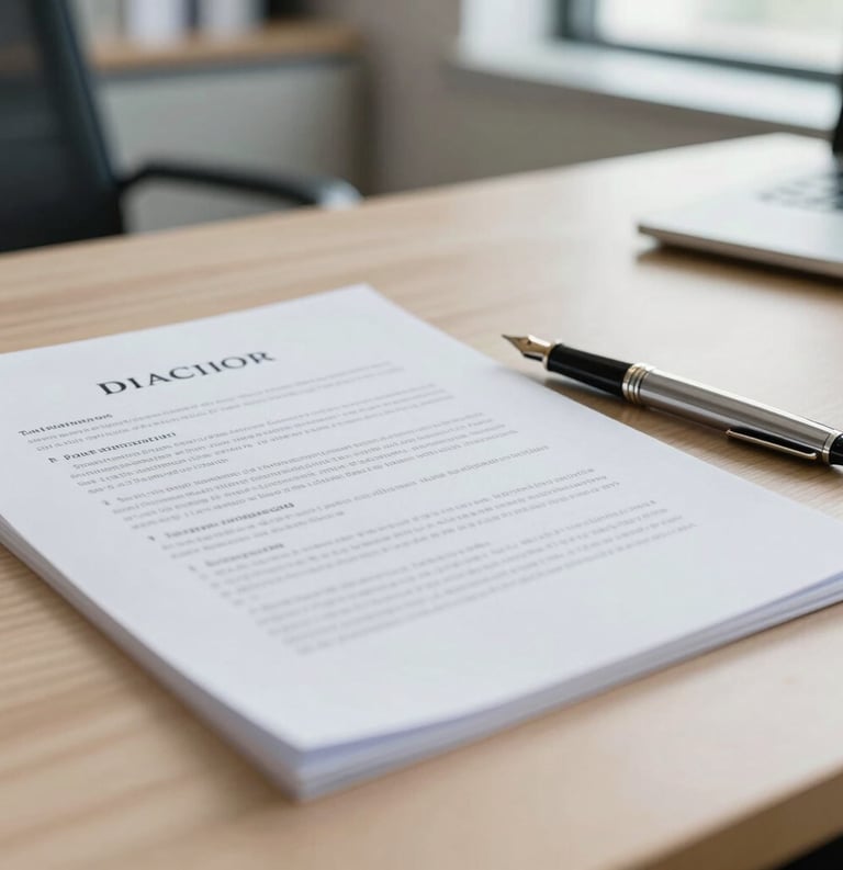 A close-up of professional legal documents and a fountain pen on a clean, light wood desk in a modern Italian law office, natural light, steel blue and silver tones.