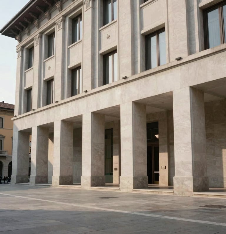 Wide shot of a modern courthouse facade with clean architectural lines, professional and sober atmosphere, daylight, Italian / European city setting.