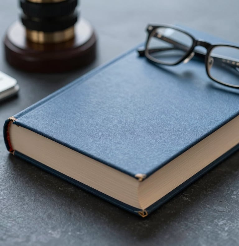 Close-up of legal books and a pair of glasses on a desk, soft professional lighting, slate blue tones.