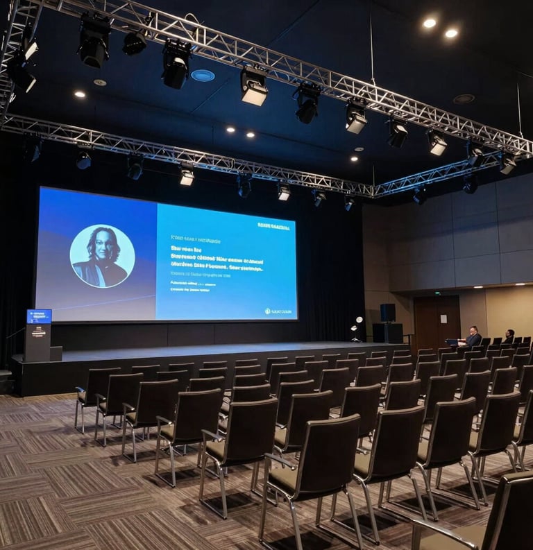 A professional high-tech conference hall in South America with rows of modern chairs, a large projection screen showing Steel Blue graphics, and a sophisticated lighting rig overhead, professional atmosphere.