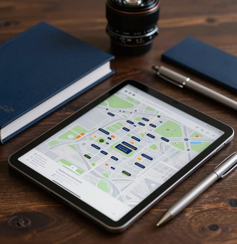 Close-up of elegant event materials on a dark wood surface: a professional pass, a sleek tablet showing a venue map, and high-end stationery, all in shades of navy blue and soft silver.
