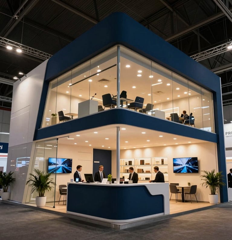 A wide shot of a modern, high-end corporate trade show booth in a Brazilian convention center. Sleek glass and steel architecture, professional warm lighting, Steel Blue and Navy color accents, sophisticated business atmosphere.