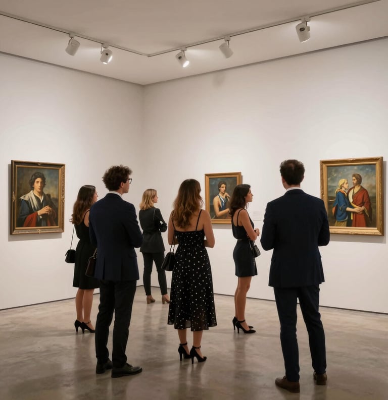 An elegant art exhibition opening in a South American gallery. Stylish guests in cocktail attire looking at paintings under professional art spotlights, minimalist aesthetic with Off-white walls and Navy accents.