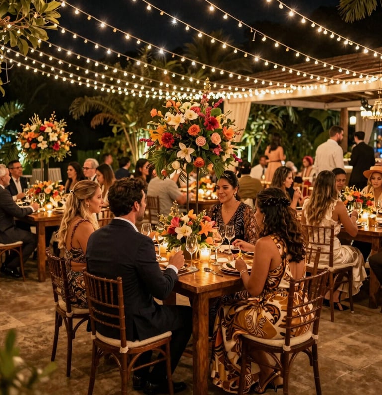 A luxurious social celebration at night in a Brazilian outdoor venue. Warm amber fairy lights, elegant tables with floral arrangements, South American guests in sophisticated festive attire, refined and celebratory mood.