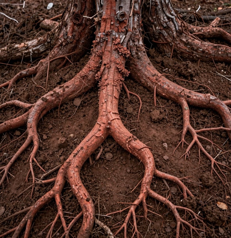 Detail photography of thick tree roots weaving into rich, dark Canadian soil. Muted terracotta and root chakra red tones highlight the strength and stability of the grounding theme. Soft, diffused lighting.