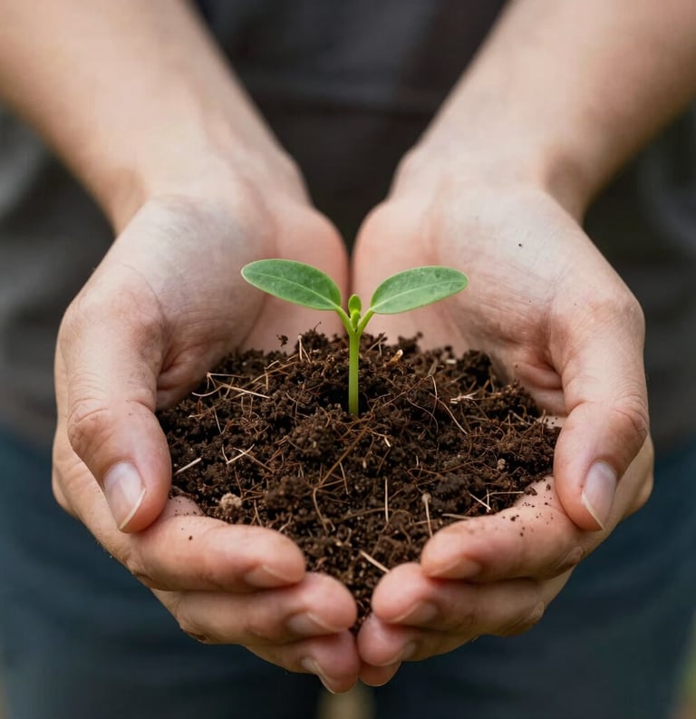 Macro photography of gentle hands holding a small handful of rich soil with a tiny green sprout, soft North American lighting, themes of growth and grounding.