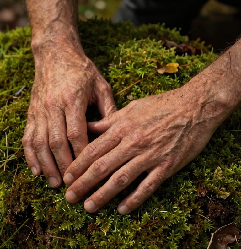 Close-up photography of weathered hands gently resting on a bed of green moss in a North American forest. The lighting is soft and golden, filtering through leaves, highlighting the textures of skin and moss. Palette features moss green and soil brown tones.