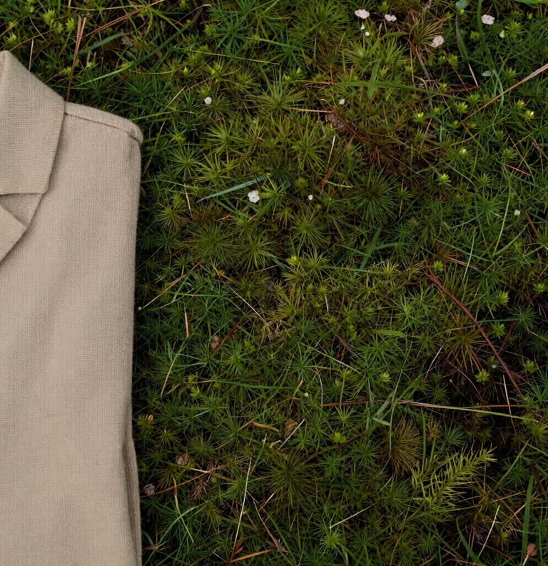 Photography of a peaceful North American outdoor setting with soft-textured clothing visible, evoking a feeling of comfort and security. Composition is uncluttered and spacious with moss green and beige accents.