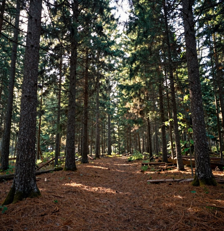 A wide-angle photography shot of a serene Canadian evergreen forest with soft sunlight streaming through the canopy. The ground is covered in pine needles and soil brown earth. The atmosphere is peaceful, grounded, and expansive.