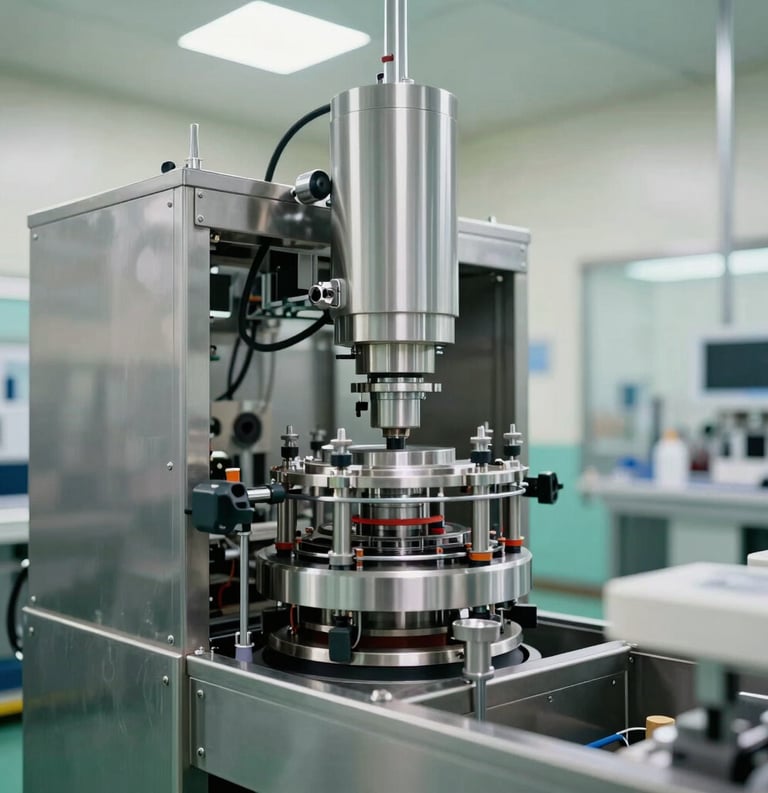 A high-precision automated pharmaceutical bottling line in an Indian manufacturing plant, clean stainless steel machinery, bright teal and off-white studio lighting.