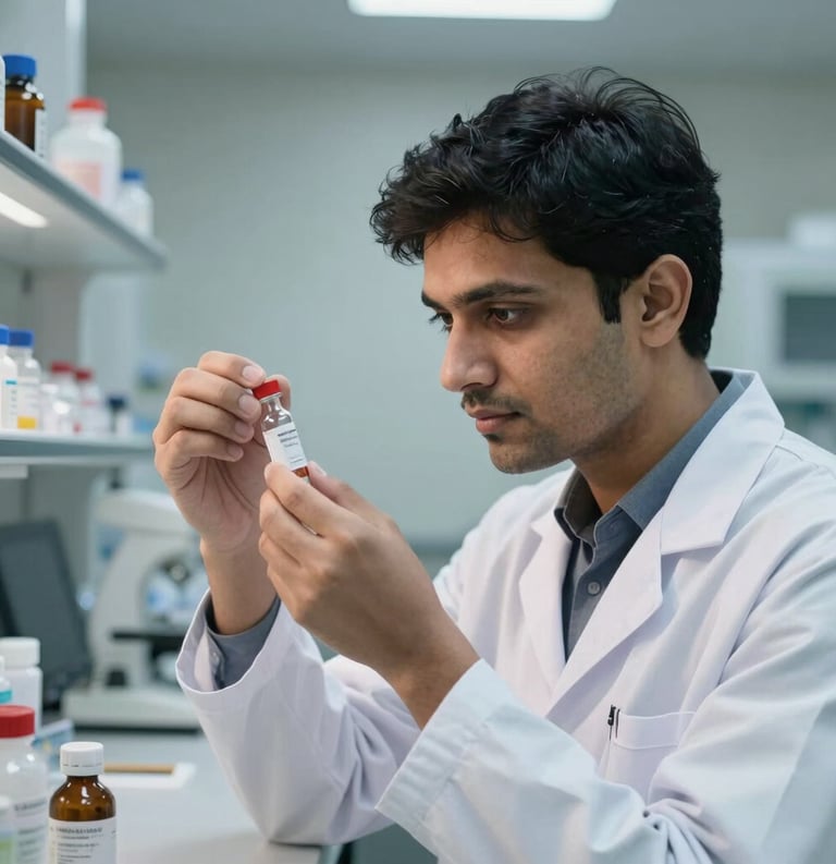 Detailed photograph of a researcher in a lab coat carefully examining a glass vial in a clean, professional South Asian pharmaceutical lab.