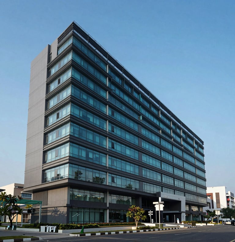 An exterior architectural photograph of a sleek, modern pharmaceutical research center in a South Asian / Indian urban setting, clear blue sky, palette of dark teal and slate grey.
