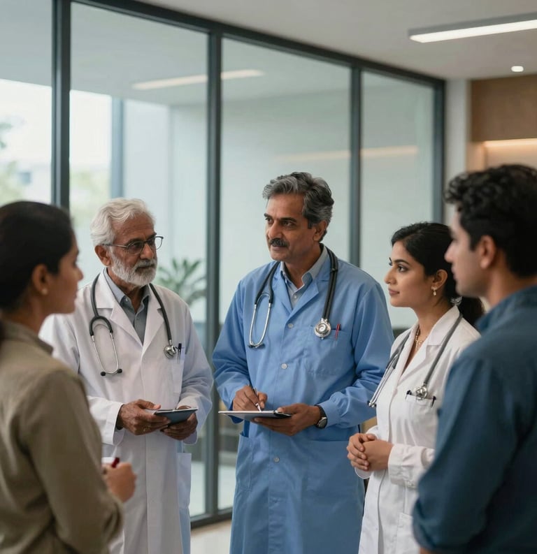 A group of professional healthcare experts in South Asian / Indian attire discussing health solutions in a modern office with glass windows, warm natural lighting, palette of blue and light grey.